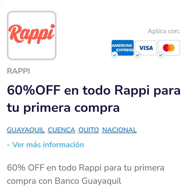 Cupón de 60% off en Rappi para nuevos usuarios con Banco Guayaquil