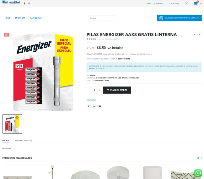 8 PILAS ENERGIZER AA + GRATIS LINTERNA