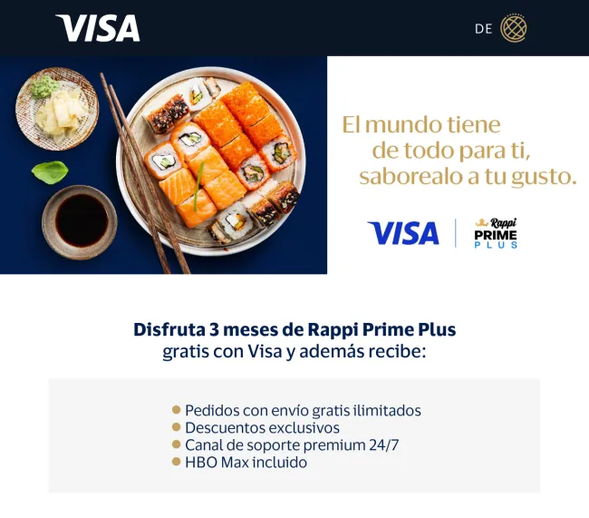 Gratis 3 meses de Rappi Prime Plus gratis con Visa
