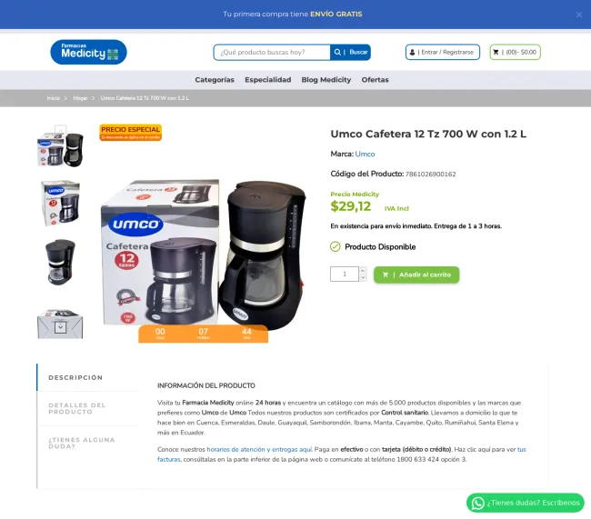 Cafetera Umco 12 Tz 700 W con 1.2 L