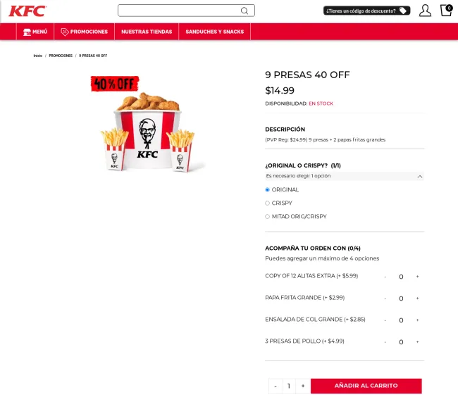 9 Presas con el 40% de descuento en KFC