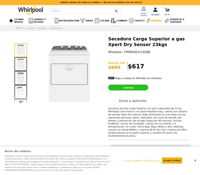 Secadora Carga Superior a gas Xpert Dry Sensor 23kgs Whirlpool