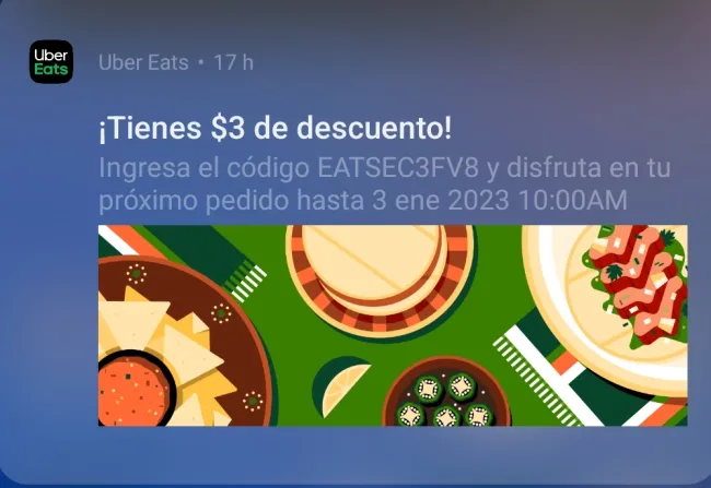 Cupón de descuento de $3 en Uber Eats