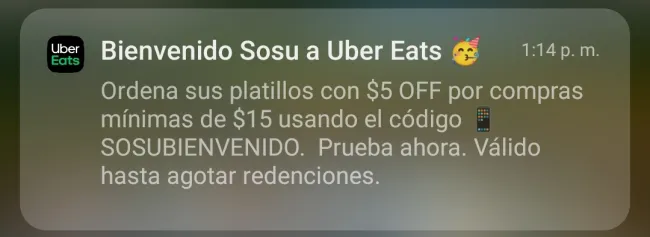 Cupón de $5 de descuento en Uber Eats febrero 2023