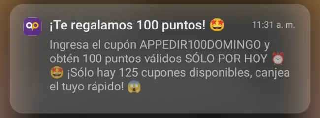 Cupón para ganar 100 puntos en Appedir solo por hoy 7 de mayo 2023