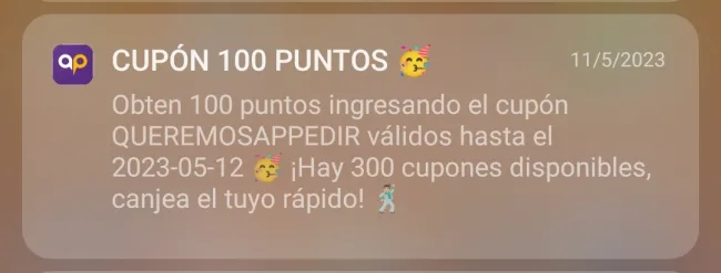 Cupón para ganar 100 puntos en Appedir válido solo por hoy 12 de mayo