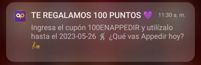 Cupón de 100 puntos en Appedir actualizado mayo 2023