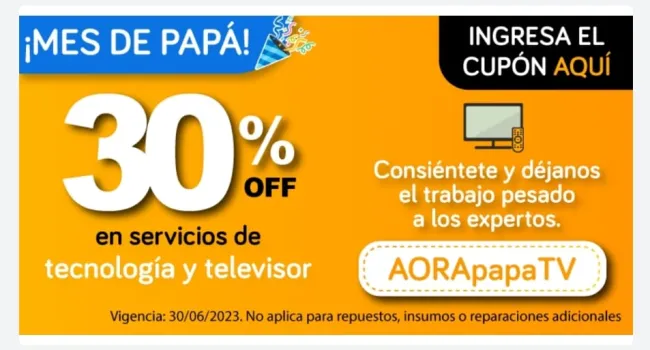 Cupón para el 30% de descuento en AORA para servicios de mantenimiento de TV
