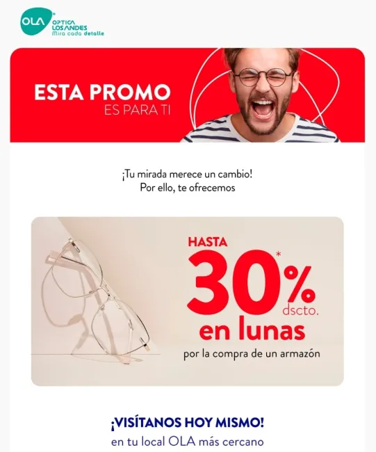 30% de descuento en lunas y armazones solo este fin de semana en Óptica los Andes