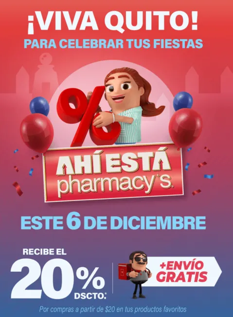 Cupón de 20% de descuento en Pharmacys por fiestas de Quito