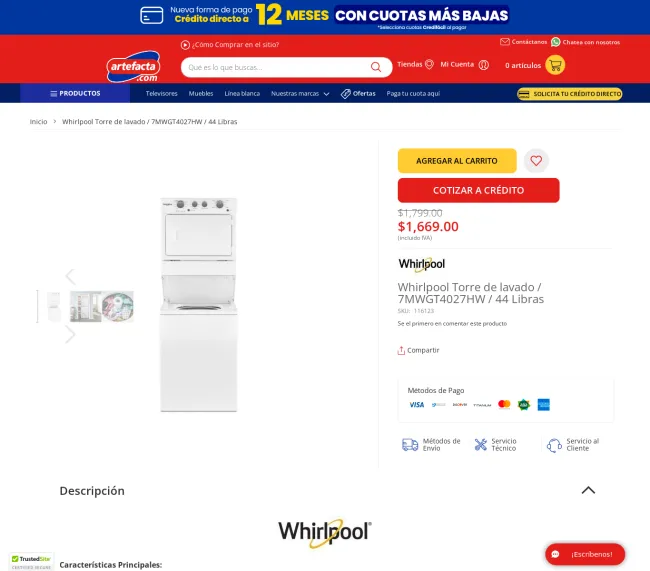 Whirlpool Torre de lavado 44 Libras, mejor precio encontrado 