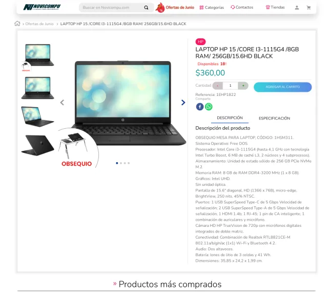  Oferta en LAPTOP HP 15 /CORE I3-1115G4 /8GB RAM/ 256GB/15.6HD BLACK - Novicompu