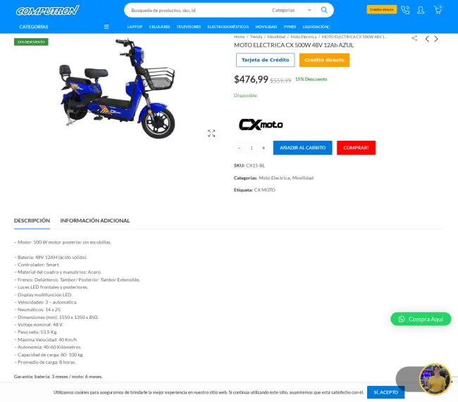 15% de Descuento en MOTO ELECTRICA CX 500W 48V 12Ah AZUL - Computron