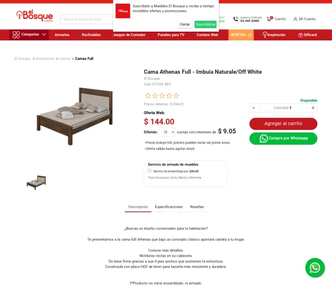 41% de Descuento en Cama Athenas Full -  Muebles El Bosque - El Bosque