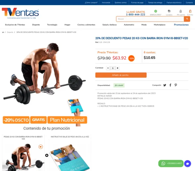 20% DE DESCUENTO PESAS 20 KG CON BARRA IRON GYM IG-BBSET-V20 - TVentas