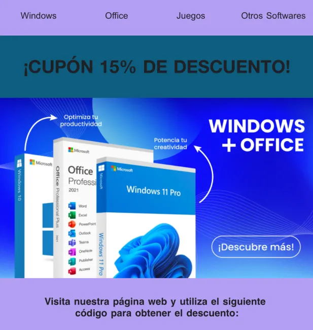 Cupón de 15% de descuento en licencias de Windows, Office y otros paquetes de software