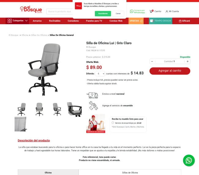 Silla de Oficina Lui Gris Claro con el 59% de descuento