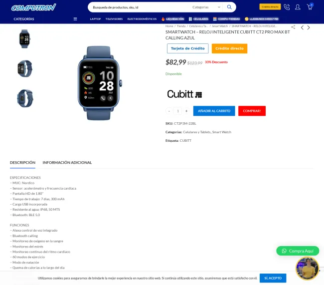 SMARTWATCH RELOJ INTELIGENTE CUBITT CT2  PRO MAX BT CALLING AZUL al 33% de descuento