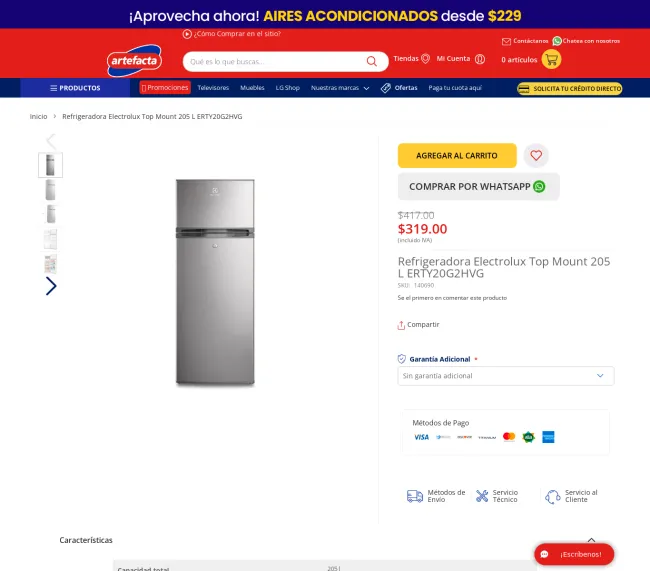 Refrigeradora Electrolux Top Mount 205 L ERTY20G2HVG con el 24% de descuento