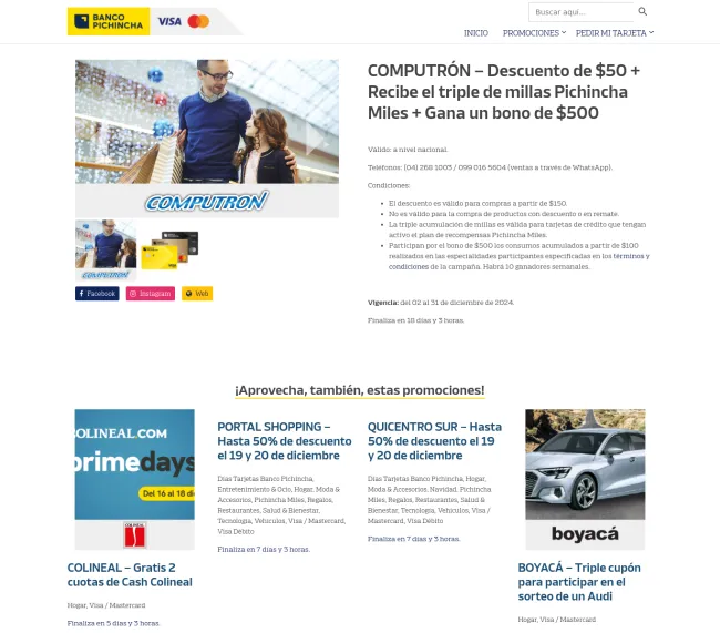 Descuento de $50 en Computrón + Recibe el triple de millas Pichincha Miles + Gana un bono de $500 - Banco Pichincha