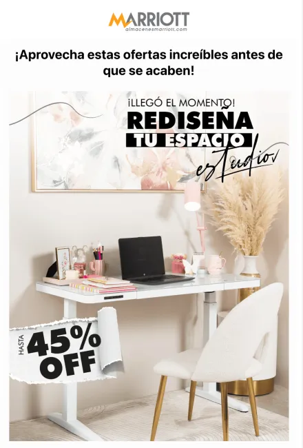 Hasta el 45% de descuento en escritorios, sillas y mesas en Almacenes Marriot