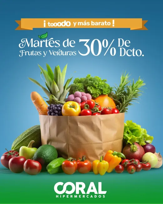 Descuentos del 30% en Frutas y Verduras frescas todos los martes en Coral Hipermercados
