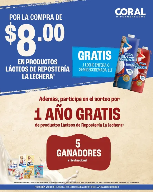 Coral Hipermercados: Gana 1 Litro de Leche Gratis y Participa por 1 Año de Productos La Lechera