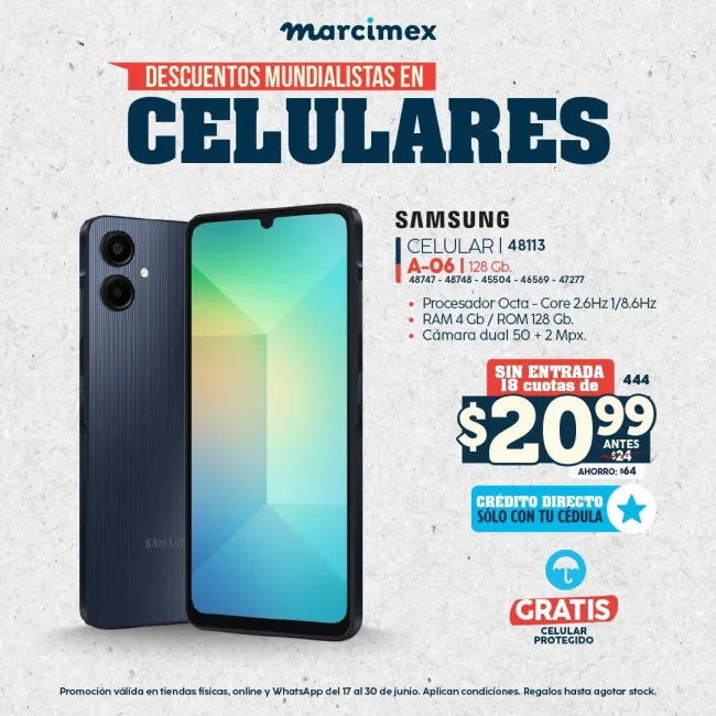 Celular Samsung A-06 128GB con crédito directo y sin entrada en Marcimex hasta 30 junio 2025