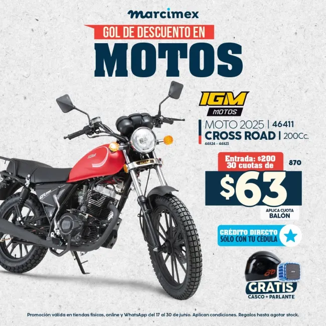 Compra moto IGM 2025 con crédito directo en Marcimex: ¡paga en cuotas y recibe casco y parlante gratis!