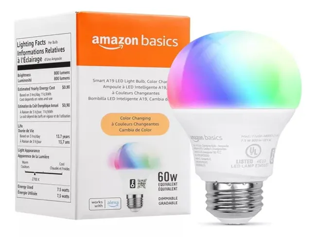 Amazon Basics Smart A19 Led Bombilla Rgb Wifi 7.5w Con Alexa con 30% de descuento