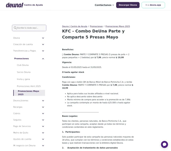 Usa DeUna en KFC y ahorra en el combo PARTE Y COMPARTE 5 PRESAS