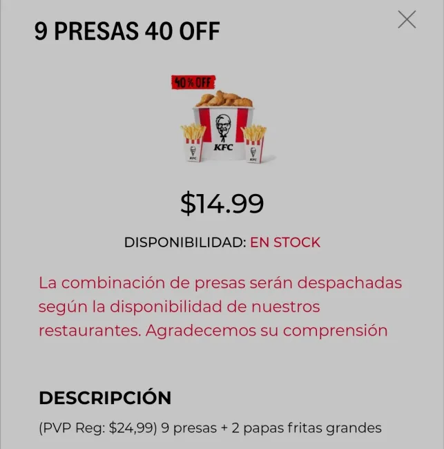 40% de descuento en 9 presas KFC